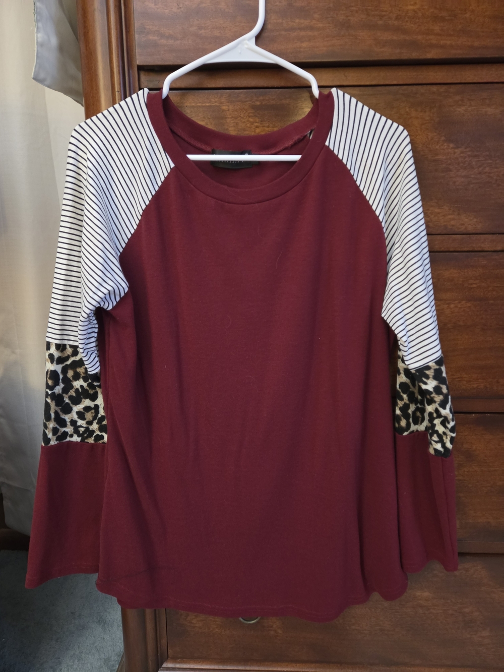 Maroon Long-Sleeve Raglan Tee with Striped and Leopard Sleeves
